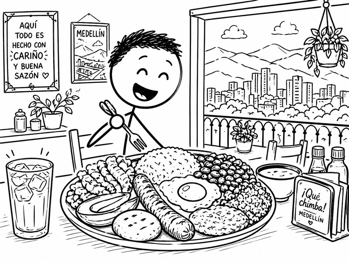 Black-and-white illustration of a Bandeja Paisa, a traditional Colombian platter with rice, beans, fried egg, and meats.