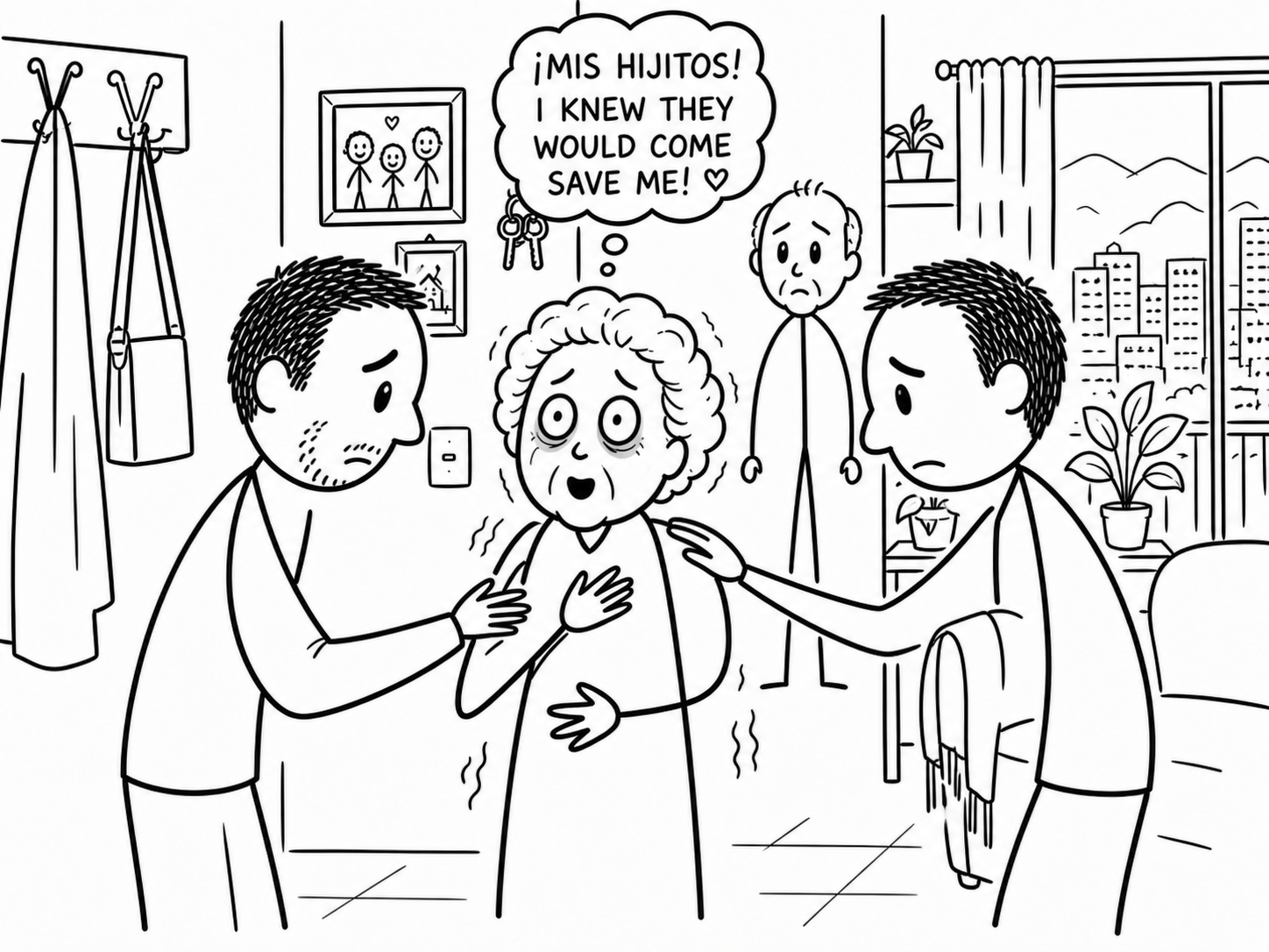 Black-and-white illustration of an older woman looking shocked and pale, hand to her chest, after a frightening phone call.