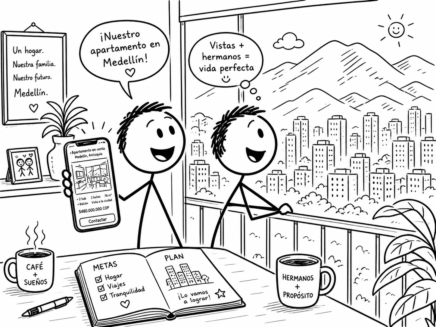 Black-and-white illustration of an apartment building with a 'For Sale' sign, evoking a house-hunting visit.