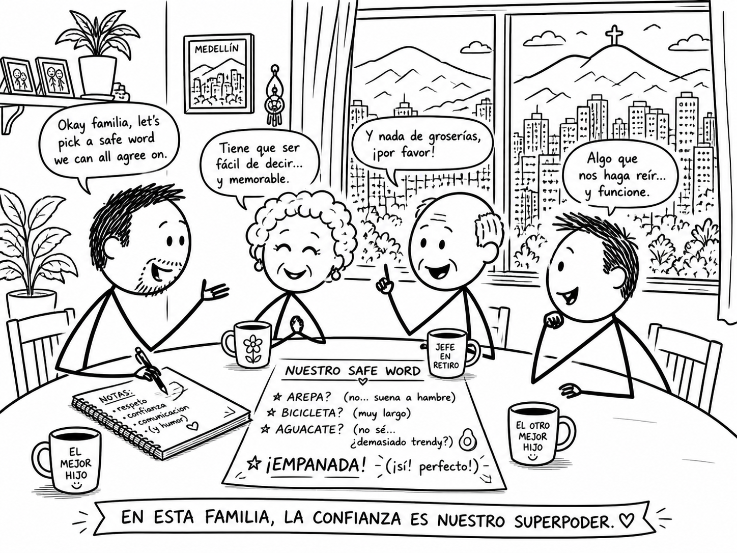 Black-and-white illustration symbolizing a family safe word — a quiet whisper among family members.